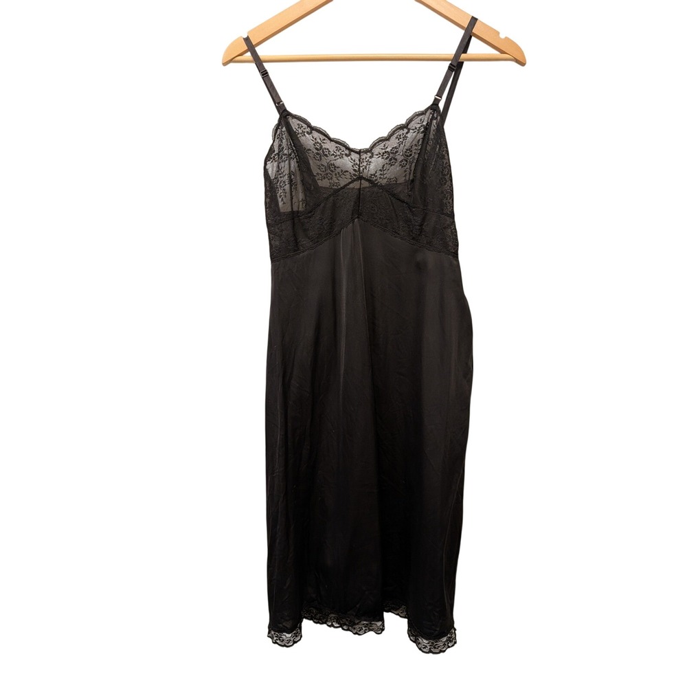 Vintage Vassarette Black Lace Trim‎ Full Slip Dress Satin Lingerie Nightgown